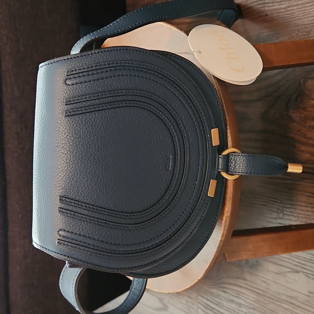 NWT CHLOE Marcie Saddle Bag In Navy Blue Grained Leather From Holt Renfrew